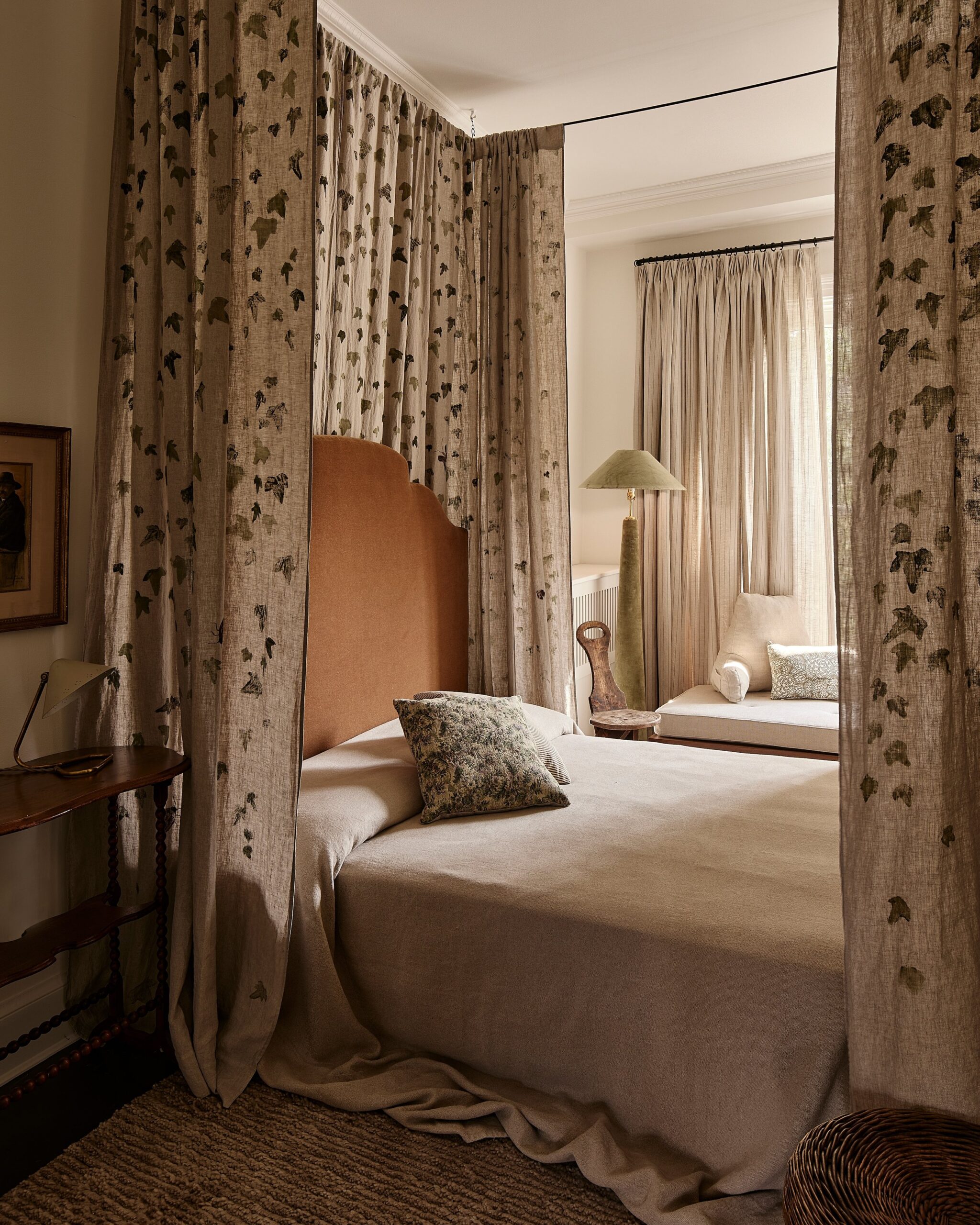 Focal point in bedroom. Orange headboard. Bedroom design by Moore House Design