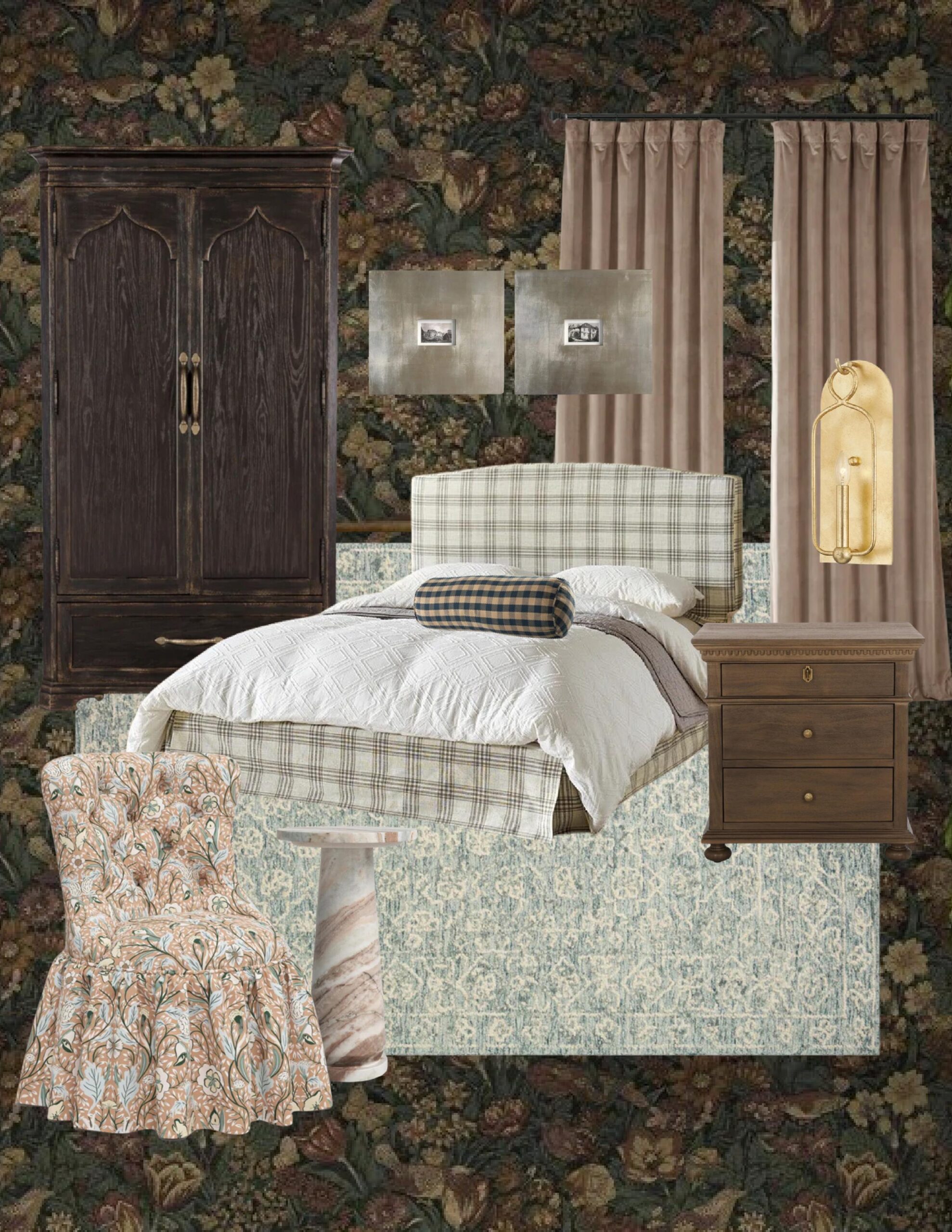 Bedroom mood board with pattern drenching. Floral wallpaper, plaid bed frame, wood armoire, and a floral skirted chair.
