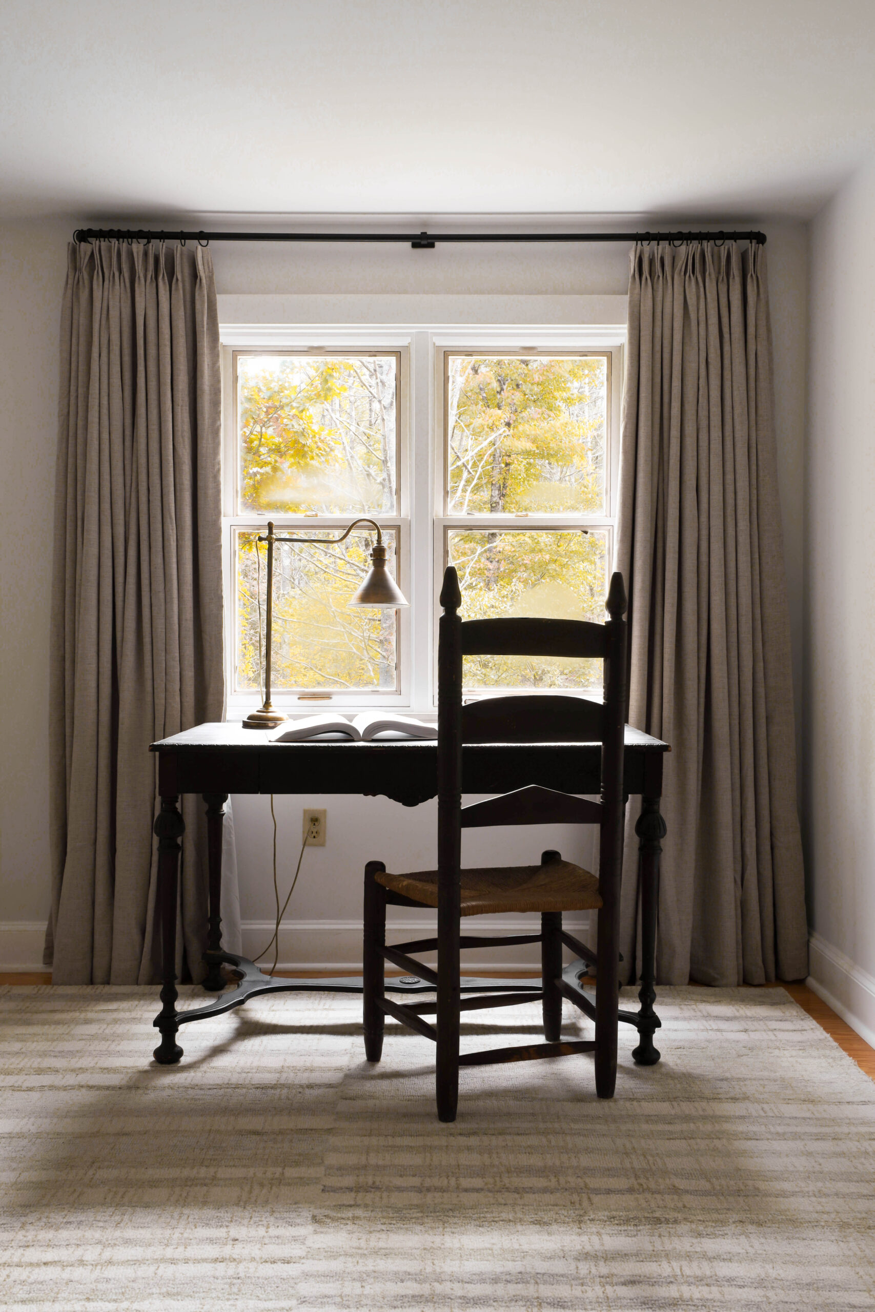 14 beautiful geometric patterned rugs. Home office with antique library desk. Shaker chair. | Nadine Stay