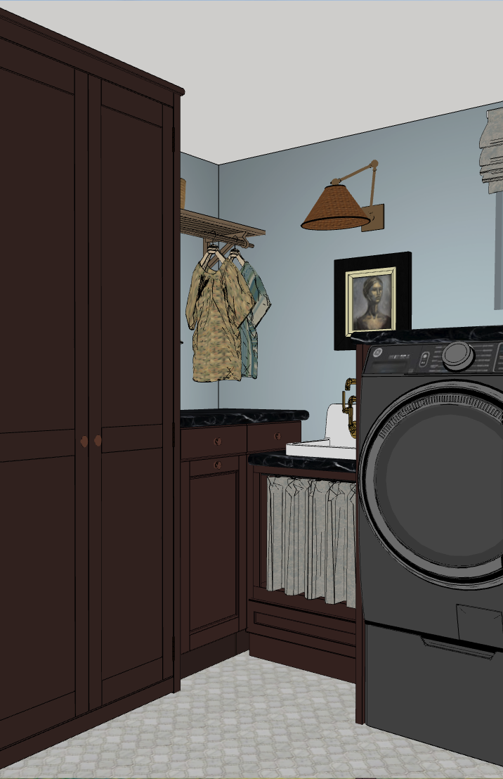 Laundry room design plan 3D rendering. Maroon cabinets with dusty blue walls. Utility sink in laundry room. Rendering by Nadine Stay