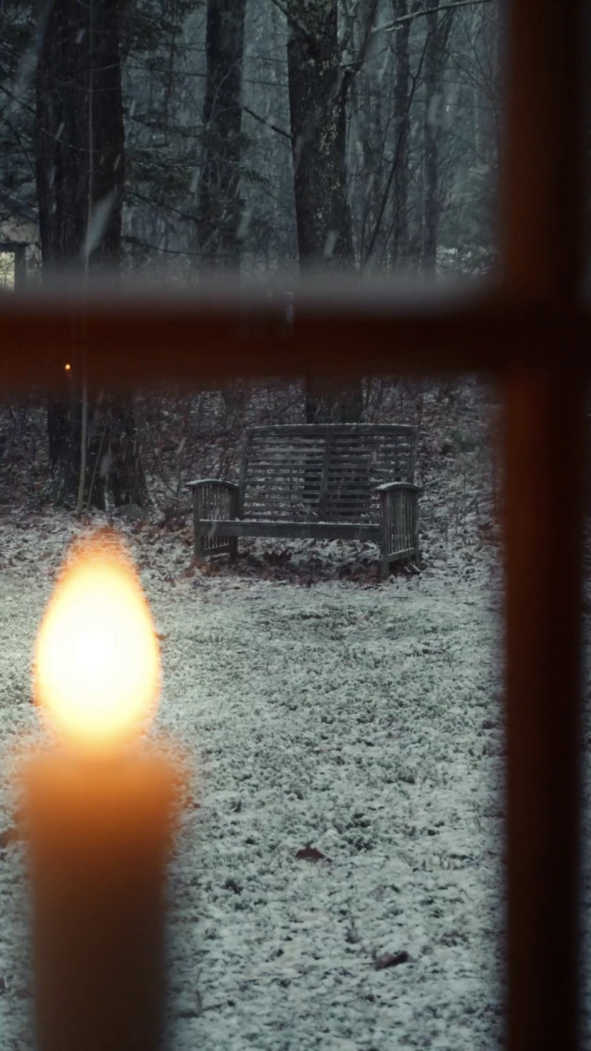 Winter scene from inside. Snowing on a wood bench outside. Photo by Nadine Stay