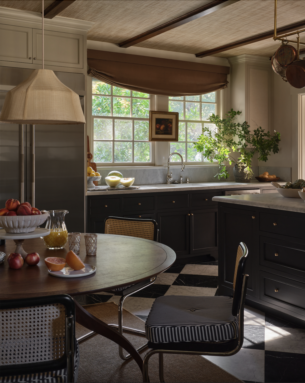 Grasscloth wallpaper on the ceiling of a kitchen by Plaster & Patina. Interior design rules you should break.