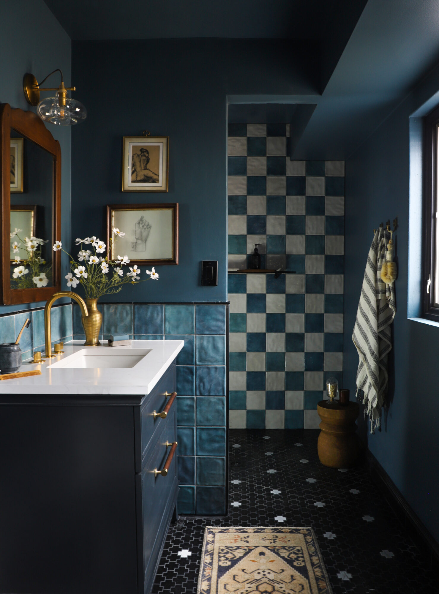 Blue Bathroom with blue and white checker tile by I Spy DIY