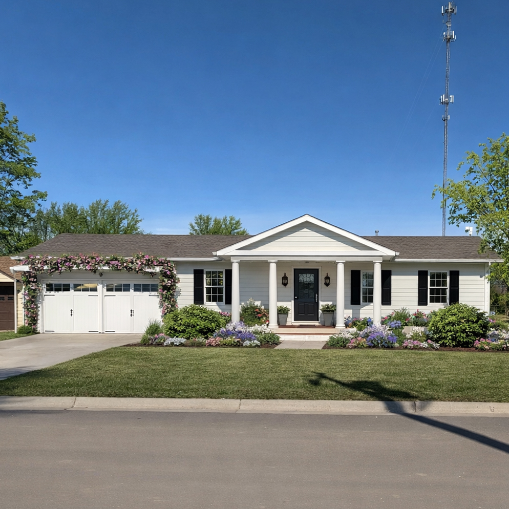Ranch exterior renovation rendering with a porch addition by Nadine Stay