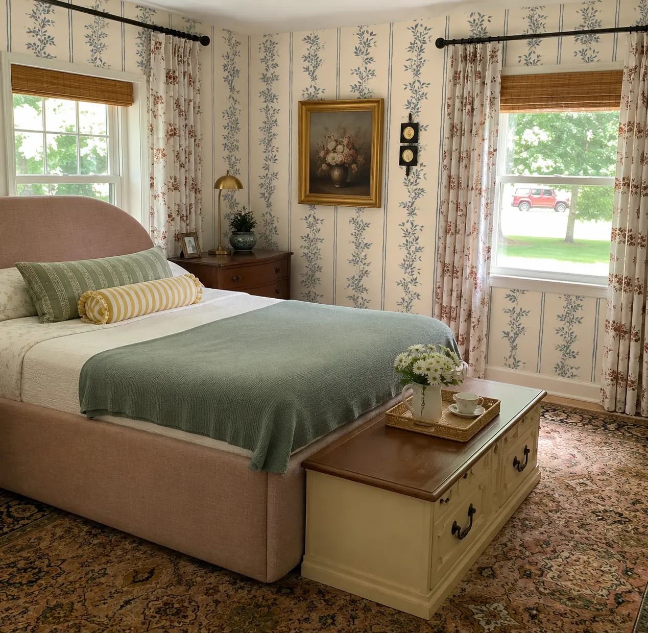 Bedroom with blue striped and floral wallpaper