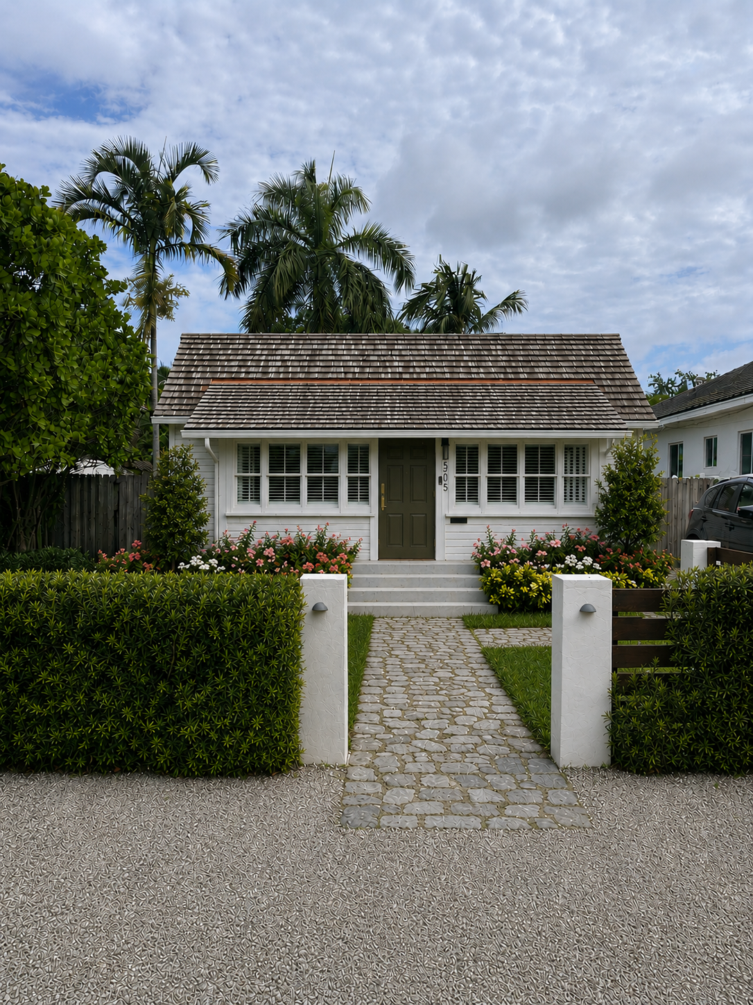 Coastal house with curb appeal. White lap siding and cedar shake roof with porch addition.